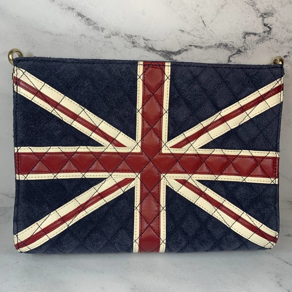 ❌❌ CHANEL Union Jack UK Bag British Flag suede vintage London CC Shoulder/clutch - Picture 5 of 16